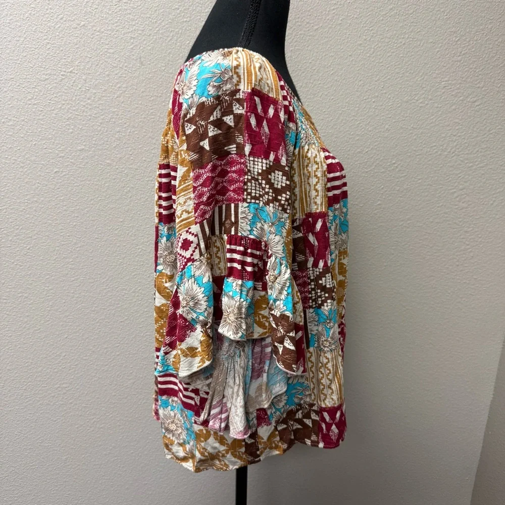 Cato Boho Patchwork Peasant Top Smocked Neck Bell Sleeve Floral Print L - Picture 6 of 10